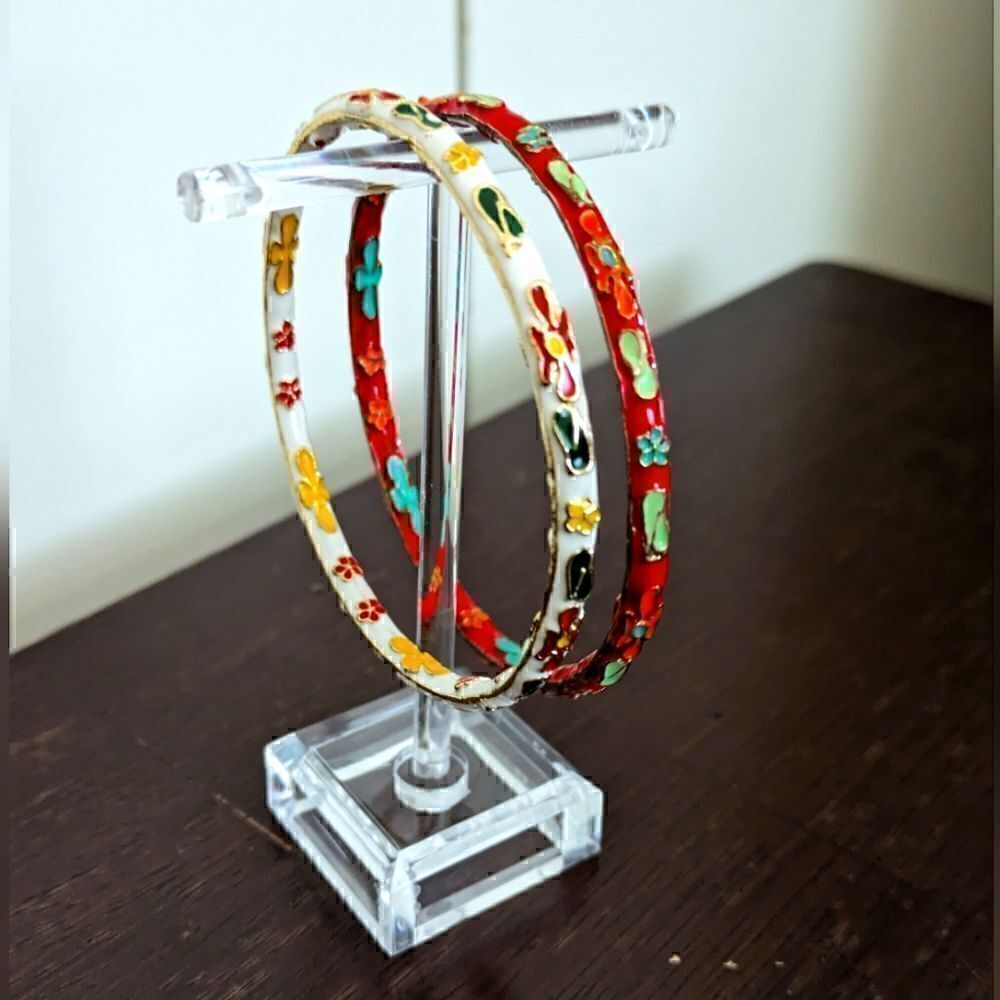 3/$30 Stunning 2.75" Vintage Cloisonne Red and White Floral Bangle Bracelet Set